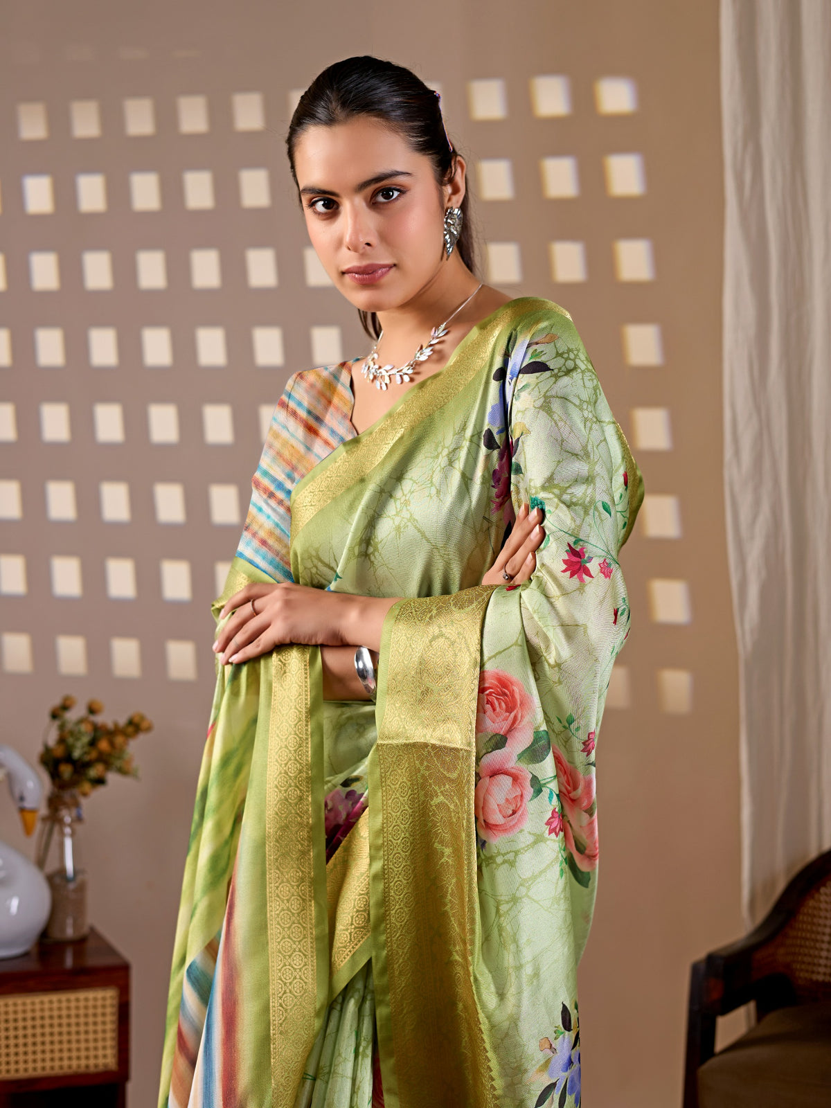 Elegant Green Floral Silk Saree with Golden Zari Border for Women