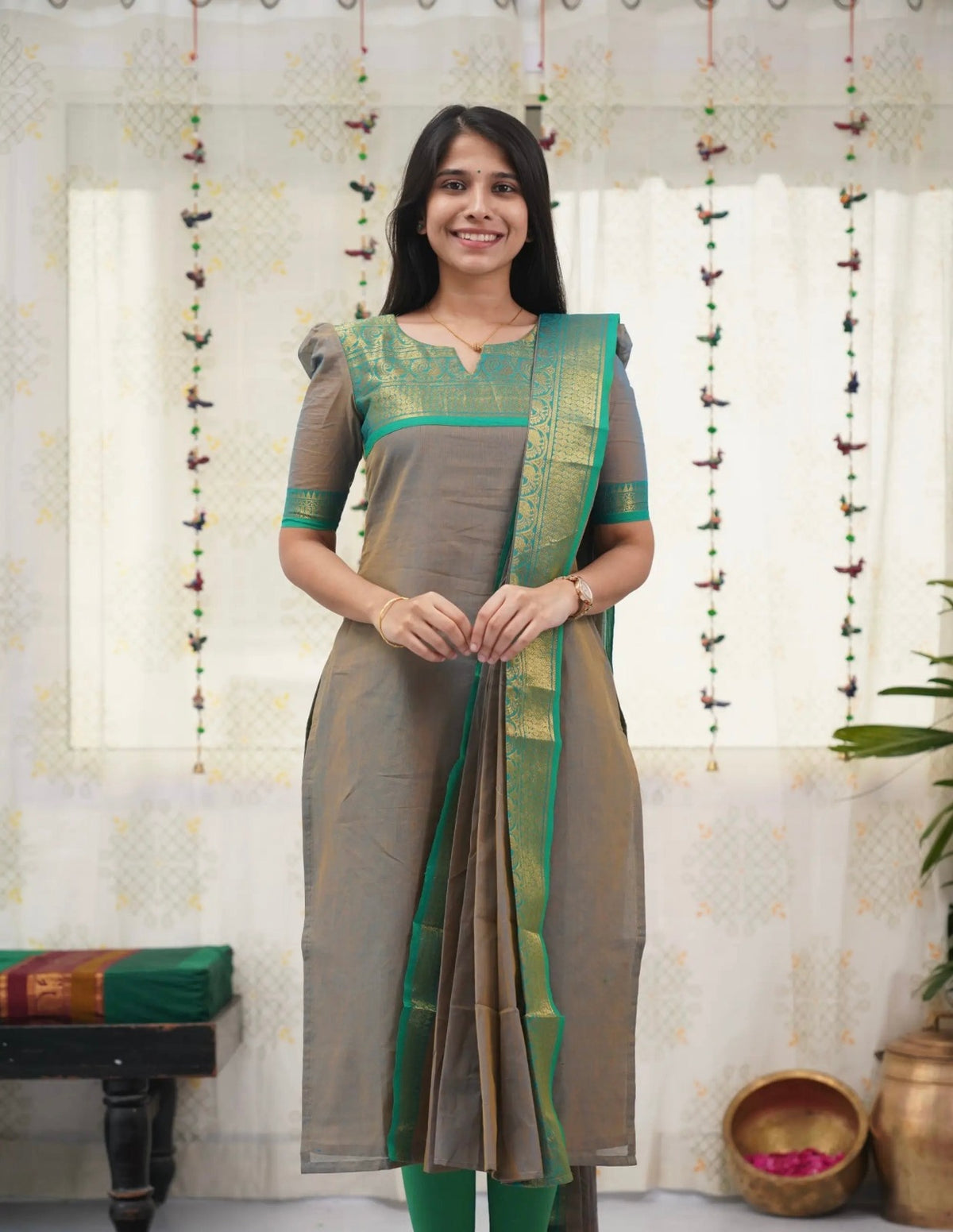 Elegant Grey Zari Weave Kurti with Dupatta Set for Women