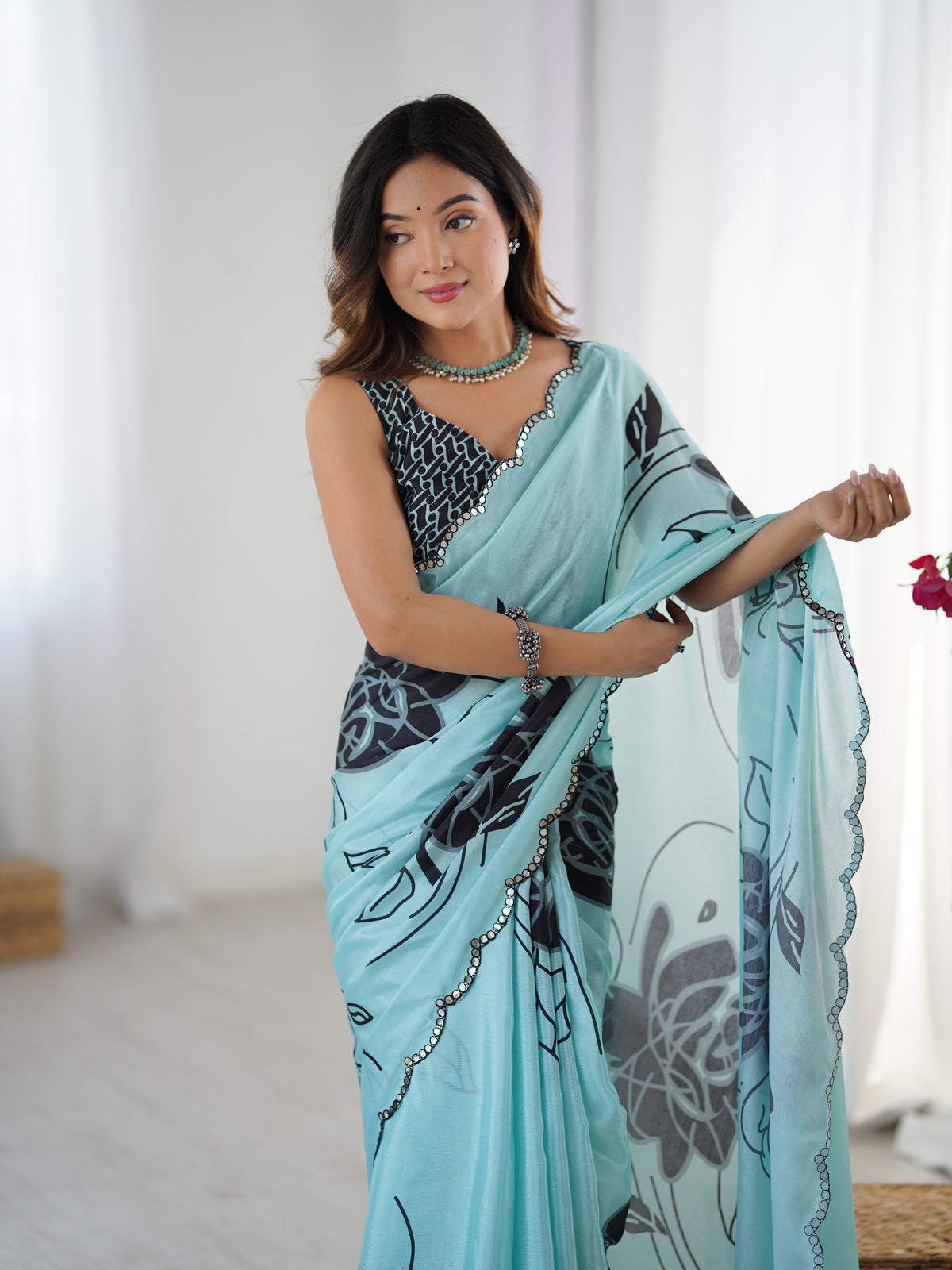 Elegant Mint Green Chinon Saree with Blouse for Women
