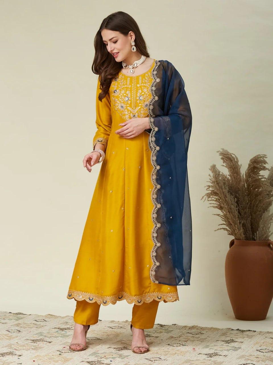 Elegant Mustard Silk Anarkali Set with Designer Dupatta for Women