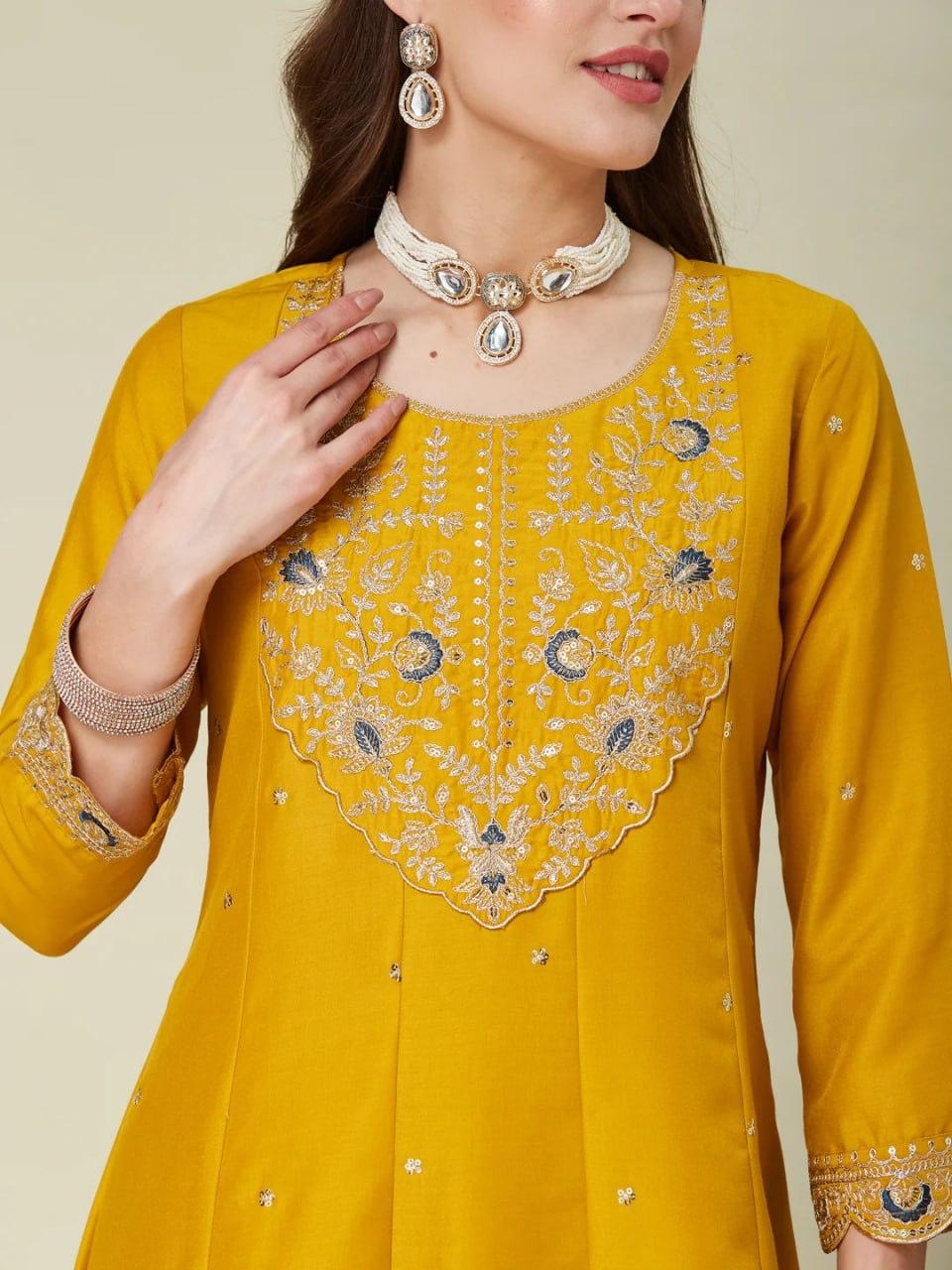 Elegant Mustard Silk Anarkali Set with Designer Dupatta for Women