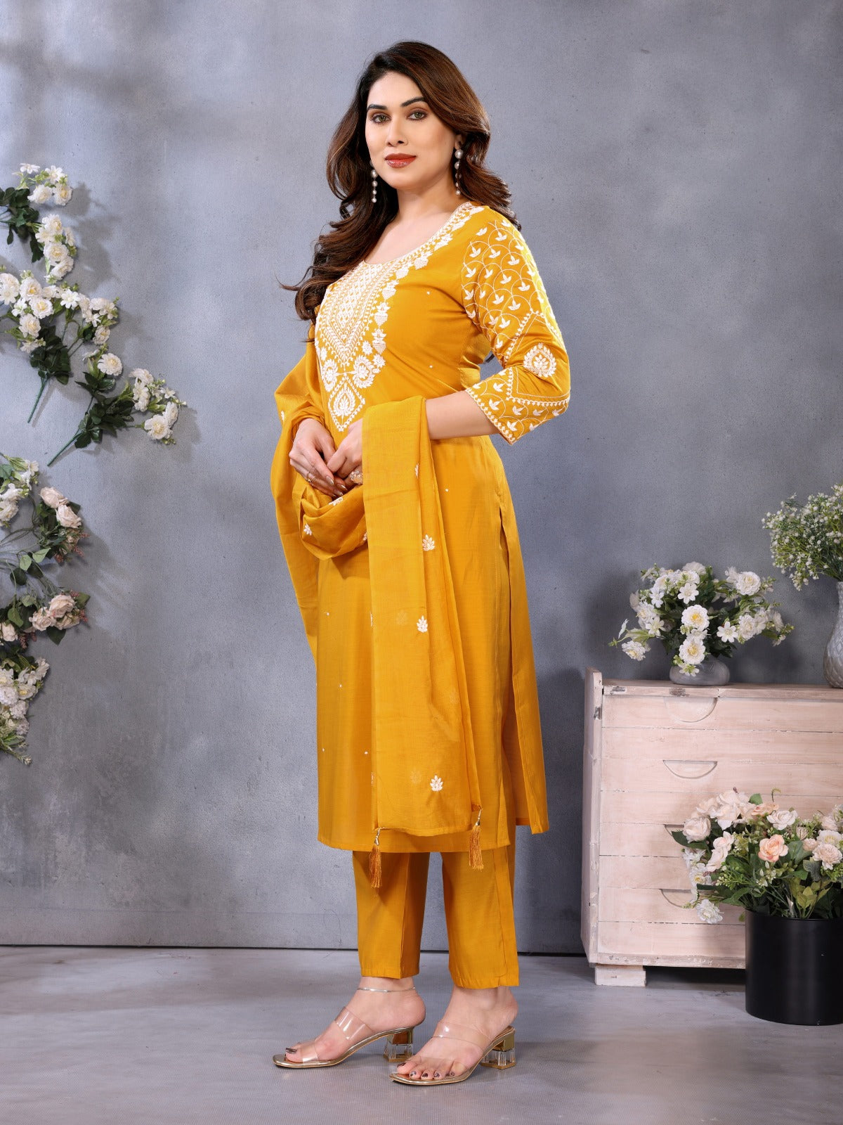 Elegant Mustard Chanderi Cotton Kurta Set with Embroidery for Women