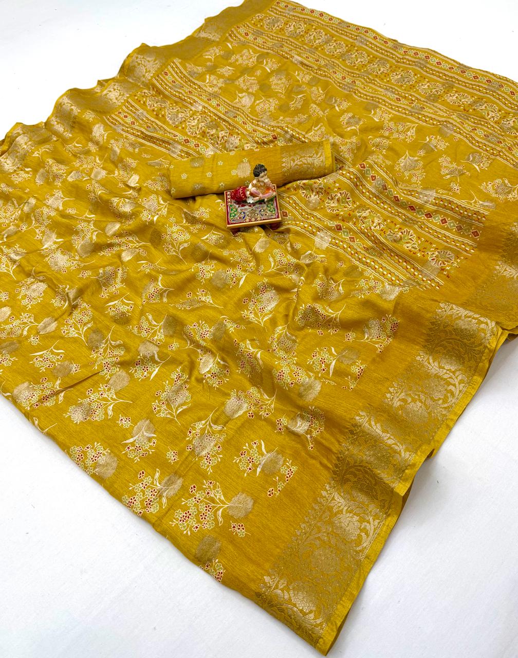 Elegant Mustard Dola Butti Silk Saree With Blouse for Women