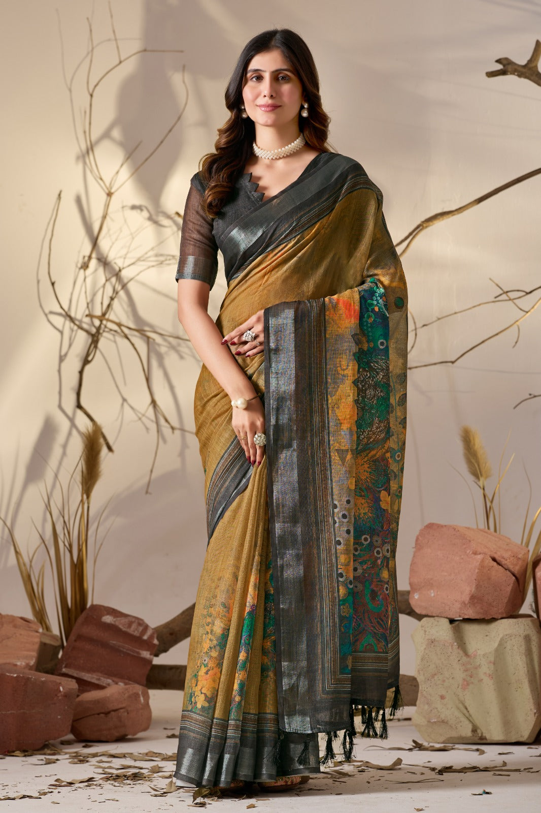 Elegant Mustard Linen Cotton Saree Set for Women