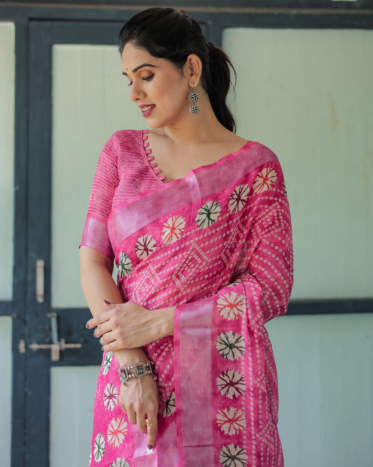 Elegant Pink Linen Saree with Bandhani & Floral Design for Women