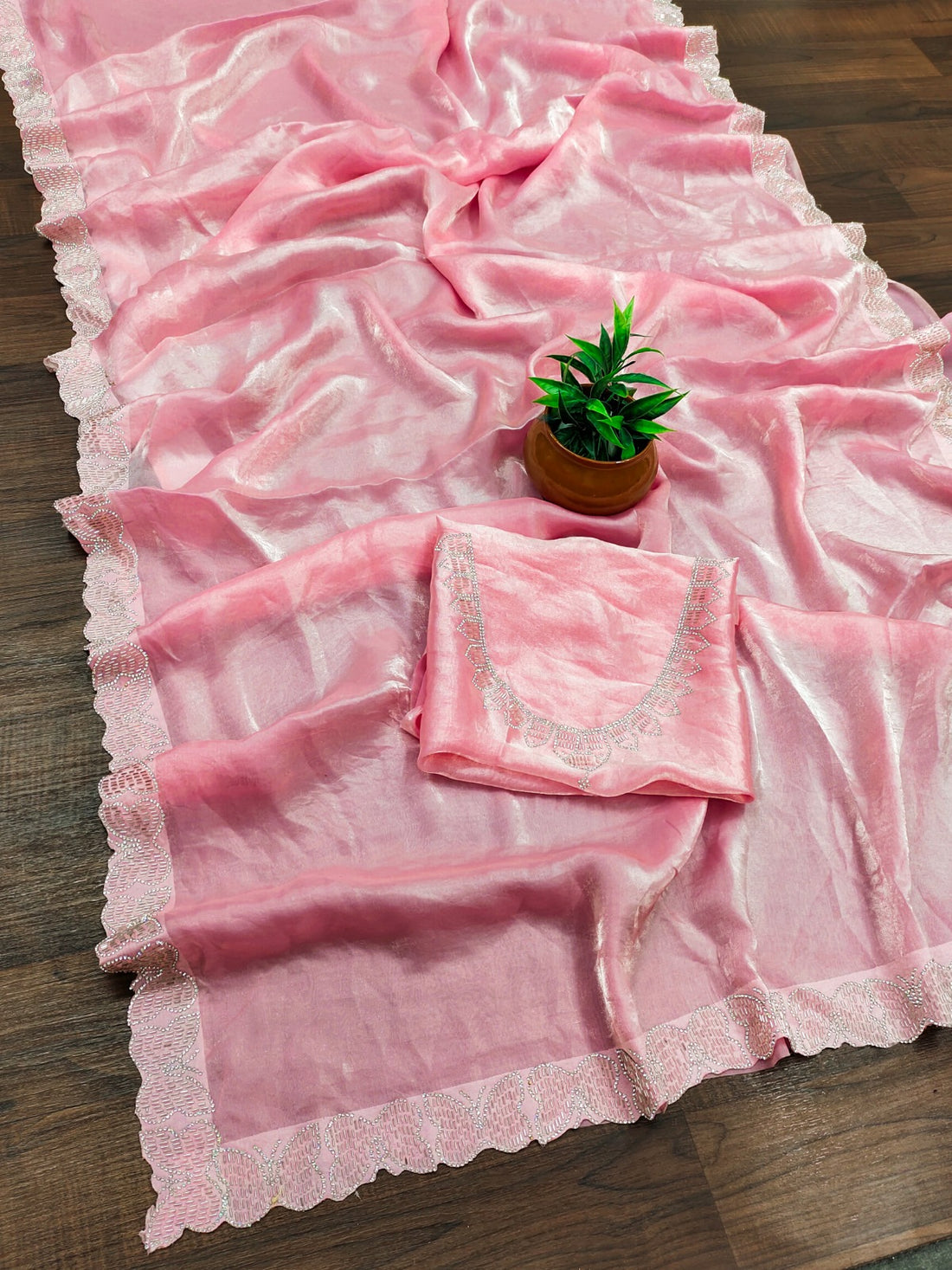 Elegant Baby Pink Silk Saree with Zarkan Diamond Border for Women
