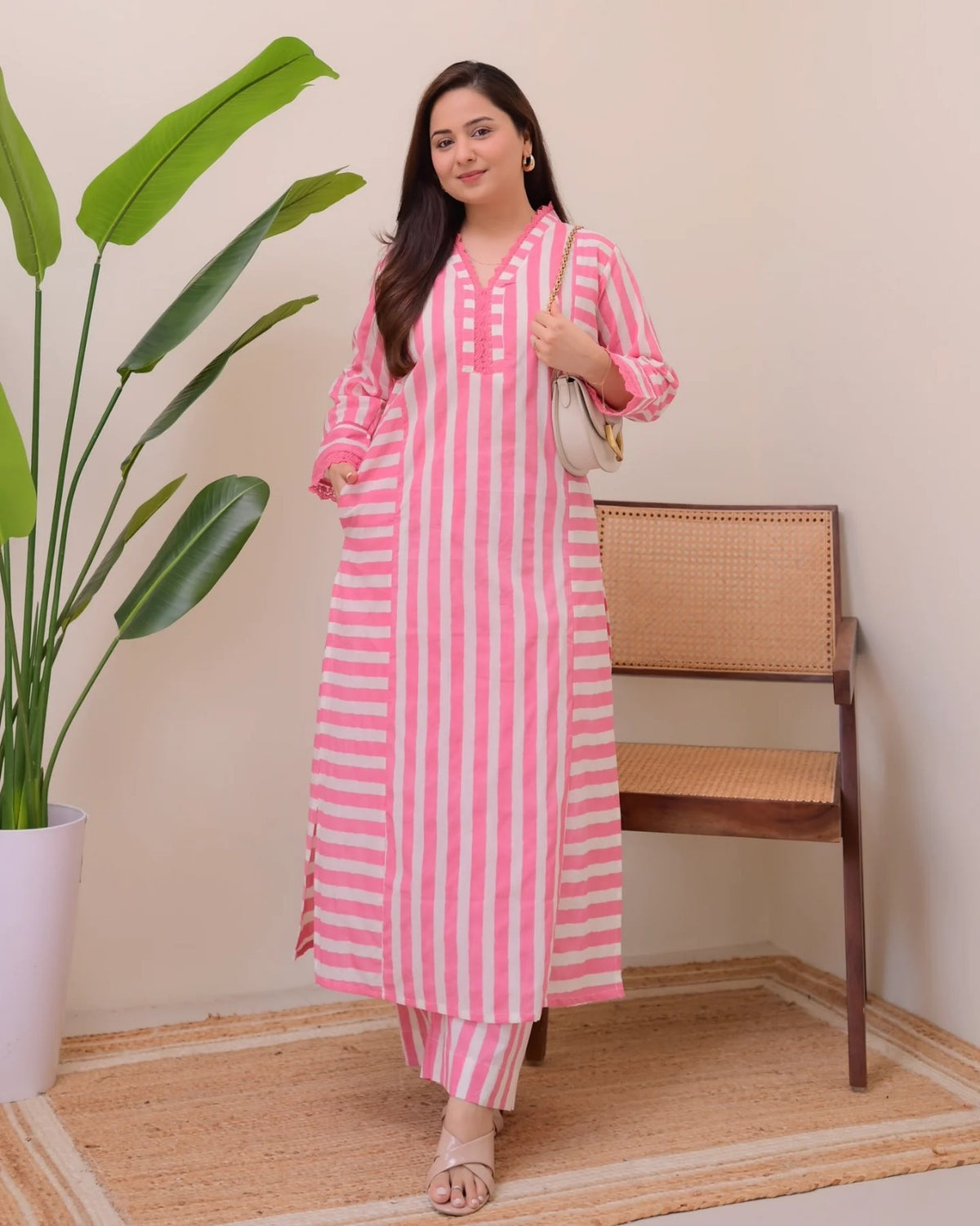 Elegant Pink Stripe Straight Kurta with Palazzo Set for Women