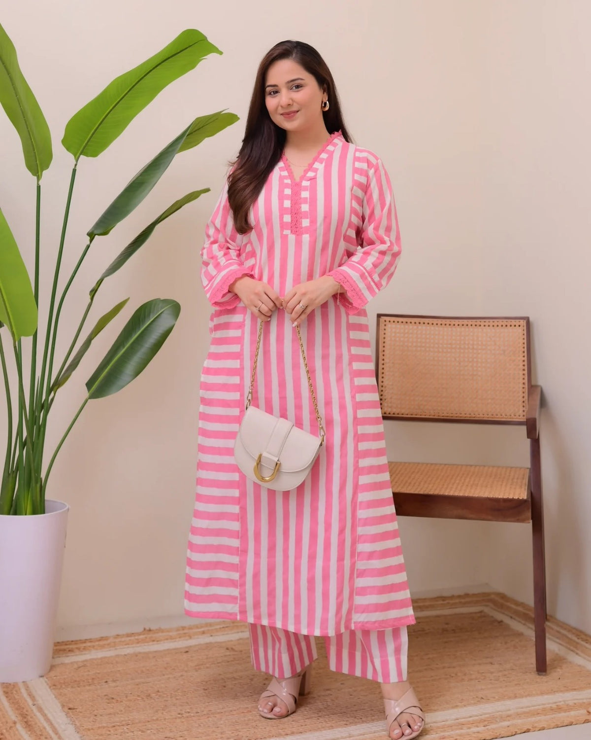 Elegant Pink Stripe Straight Kurta with Palazzo Set for Women
