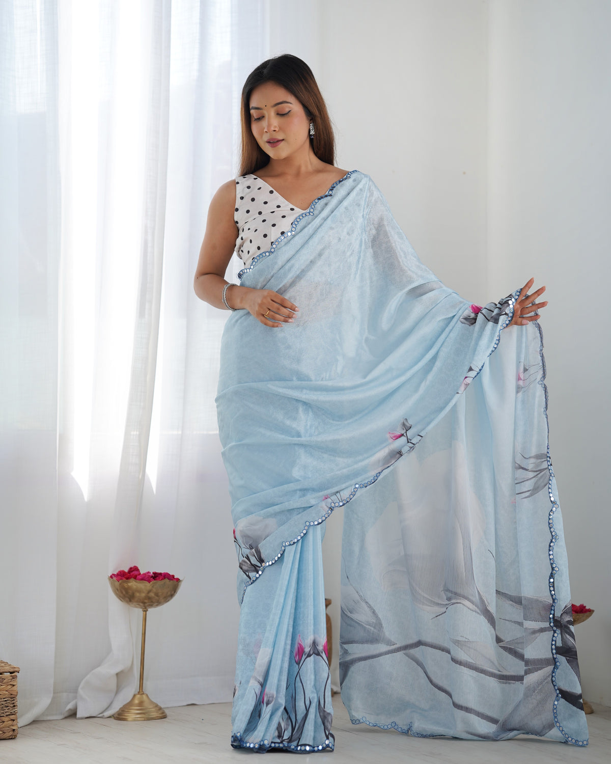 Elegant Sky Blue Chinon Saree with Mirror Work for Women