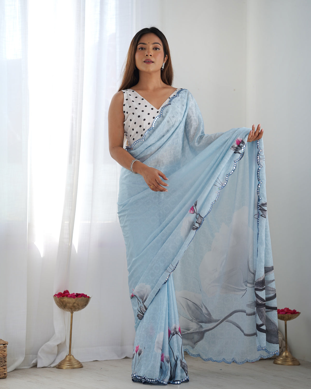 Elegant Sky Blue Chinon Saree with Mirror Work for Women