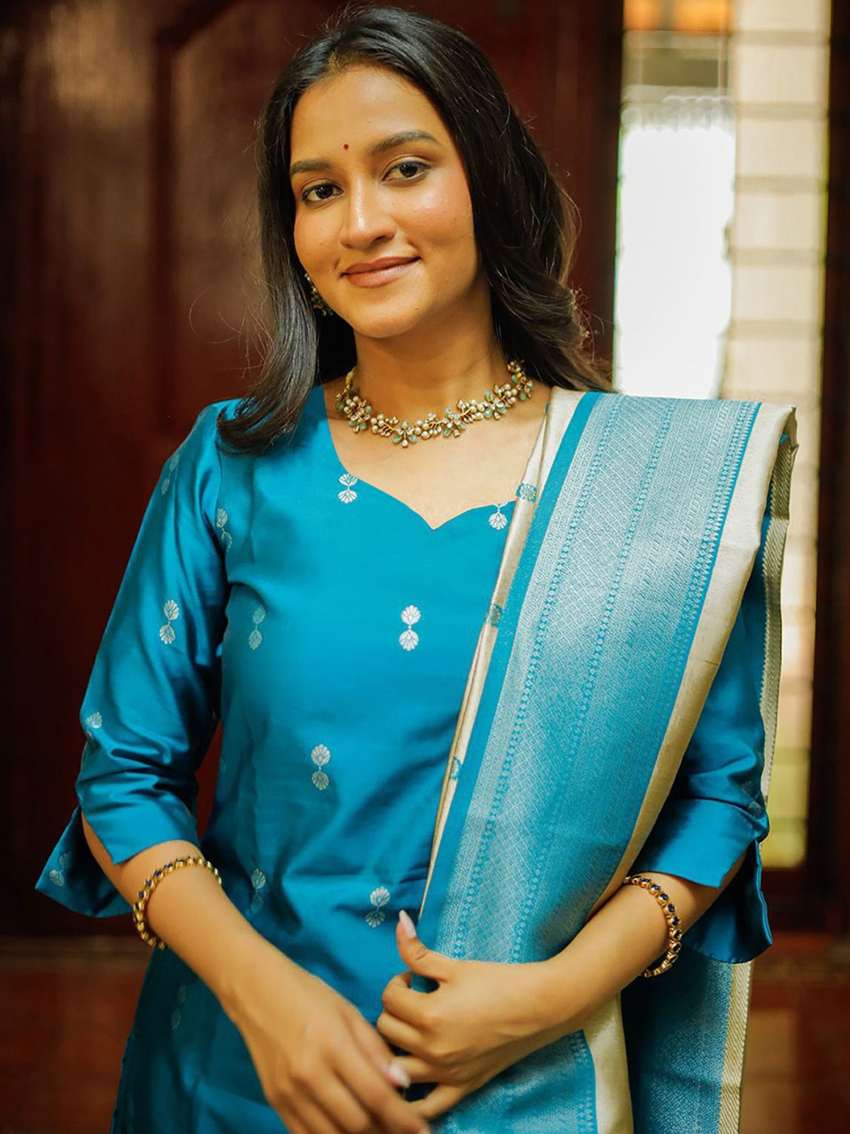 Elegant Sky Blue Woven Ethnic Suit Set for Women