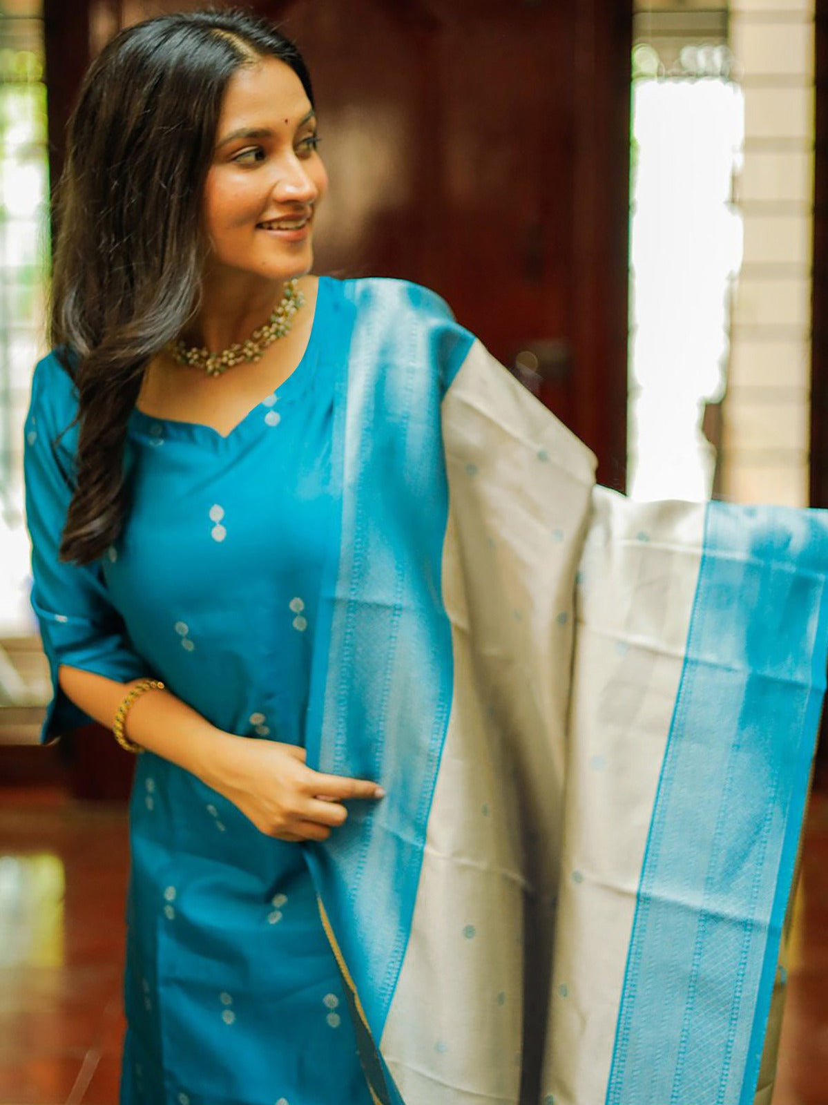 Elegant Sky Blue Woven Ethnic Suit Set for Women