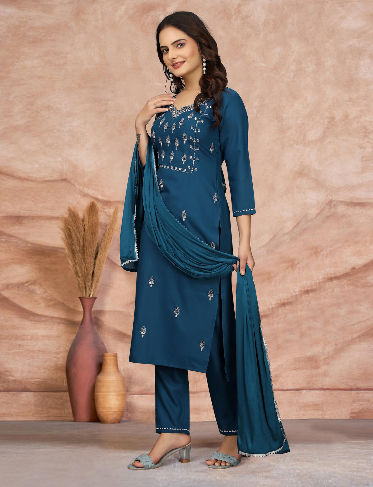 Elegant Teal Embroidered Kurta Pant Dupatta Set for Women
