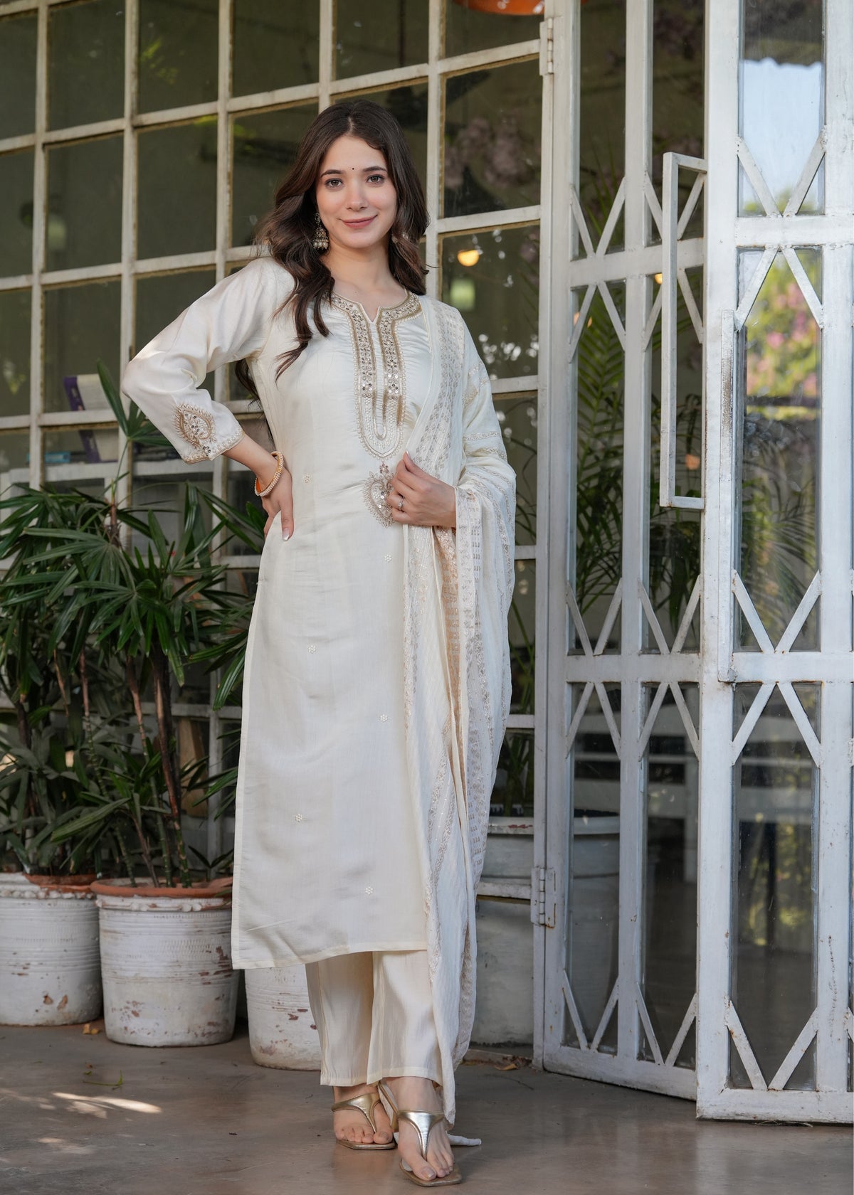 Elegant White Chanderi Threadwork Suit with Dupatta for Women