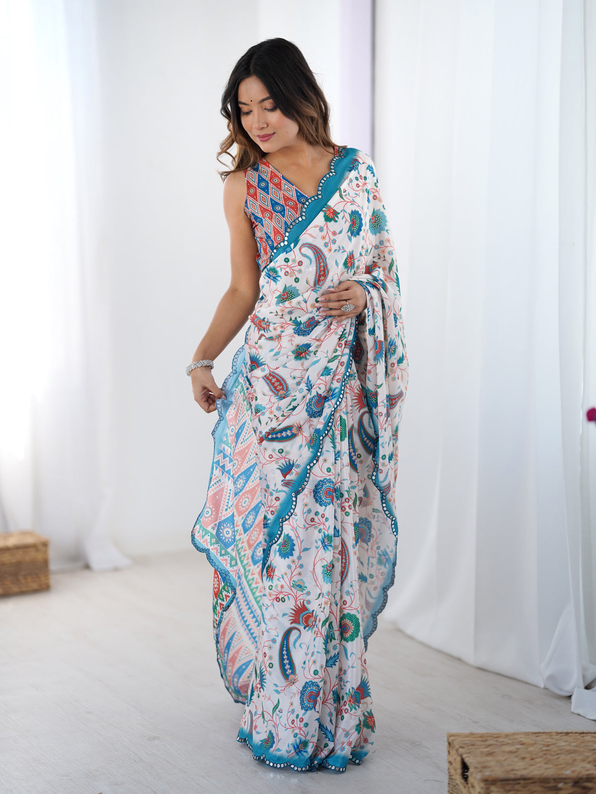 Elegant White Heavy Chinon Party Wear Saree for Women