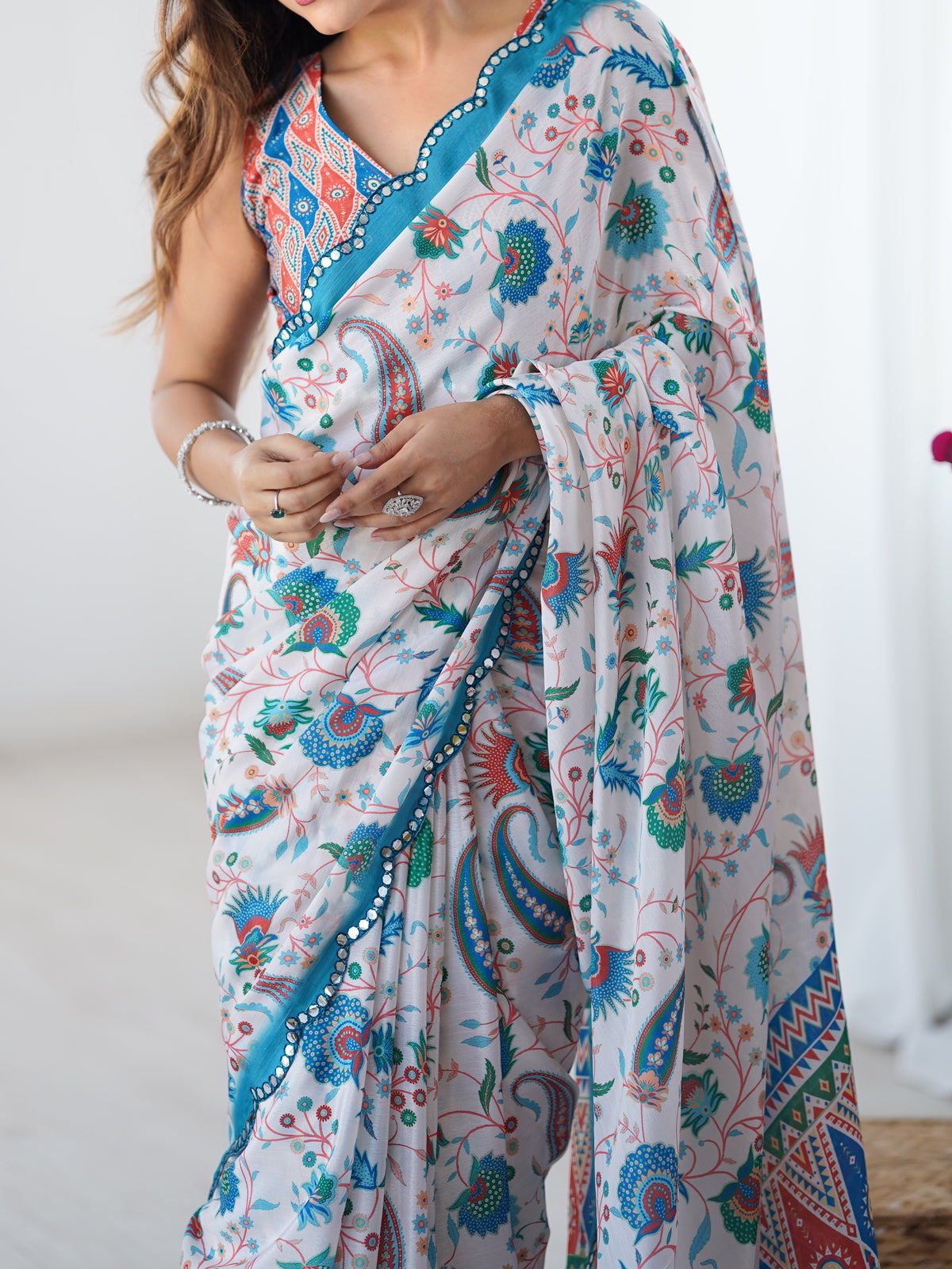 Elegant White Heavy Chinon Party Wear Saree for Women