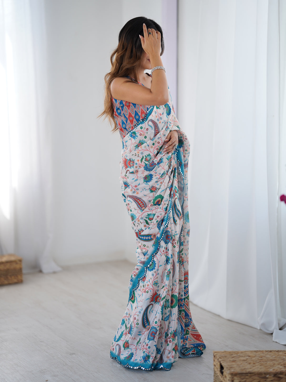 Elegant White Heavy Chinon Party Wear Saree for Women