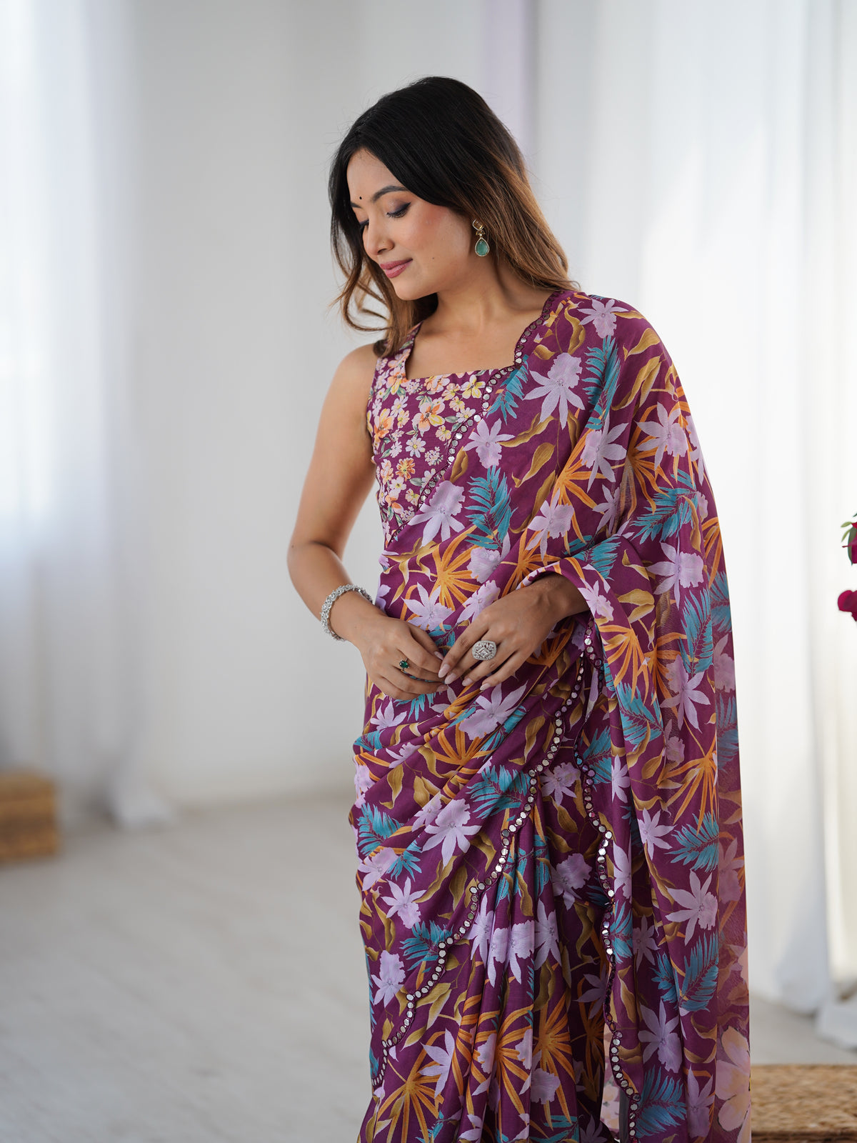 Elegant Wine Printed Chinon Saree with Fancy Border for Women