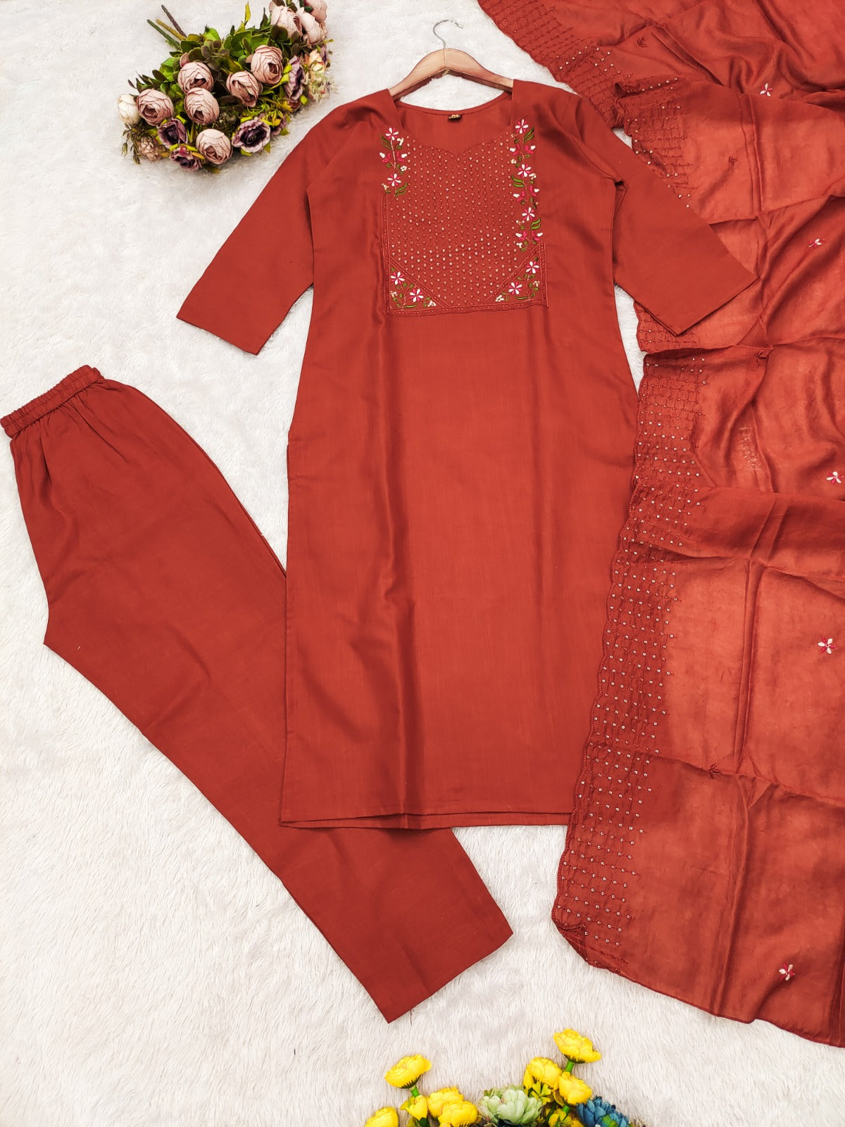 Rust Embroidered Cotton Straight Kurta Set with Dupatta for Women