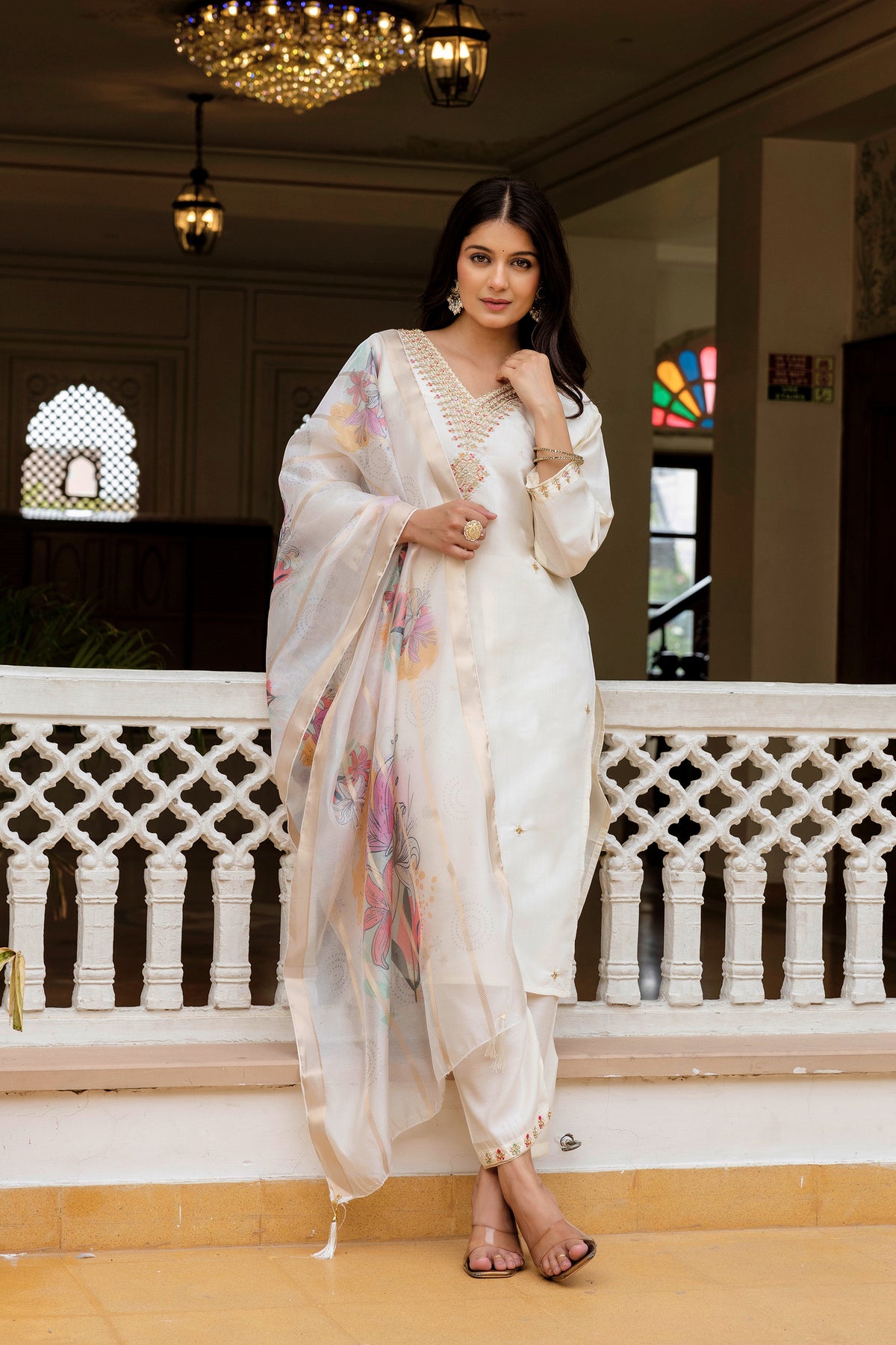 Cream Embroidered Chanderi Kurti Pant Dupatta Set for Women
