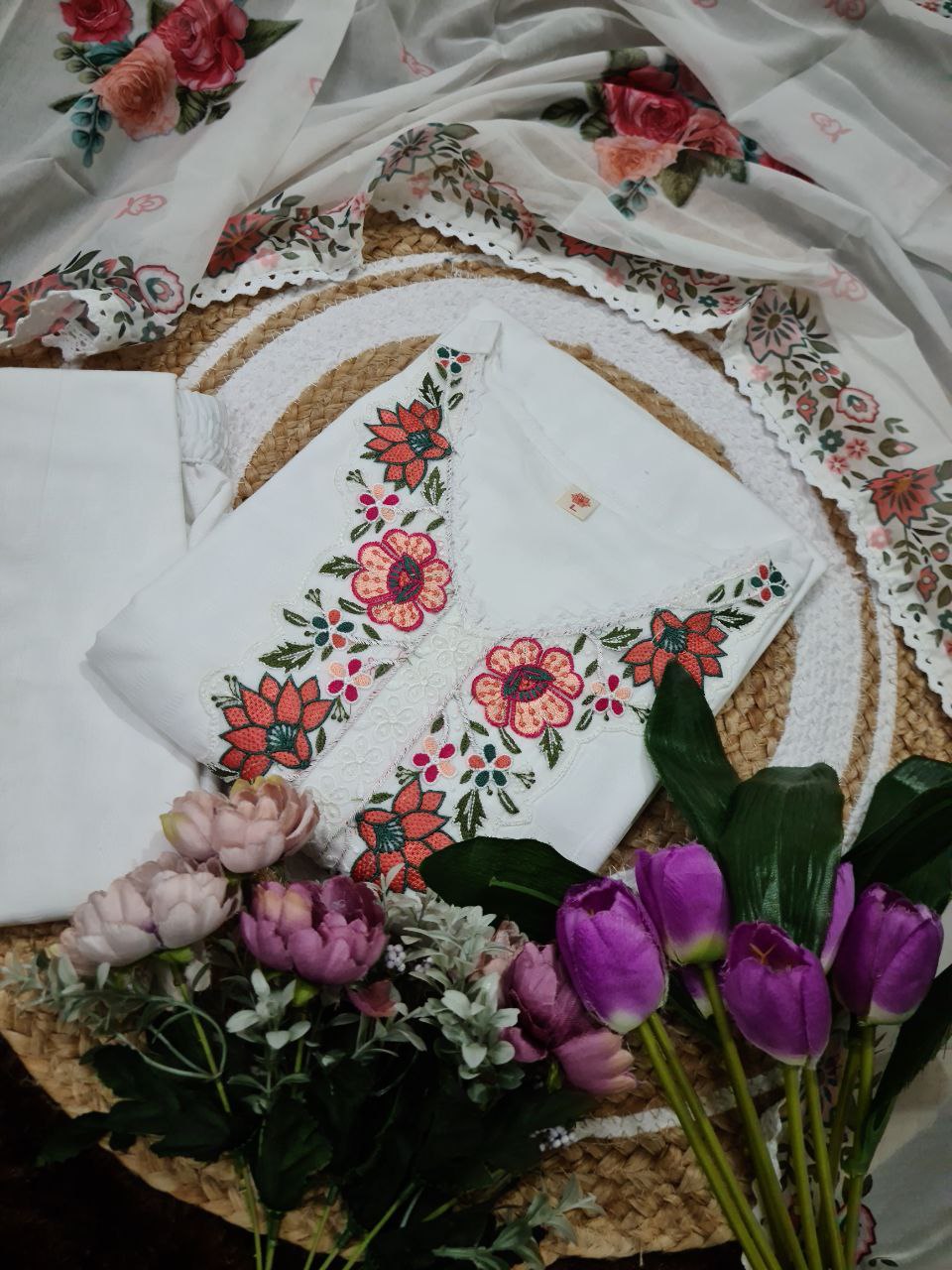 Embroidered Kurti Pant Set with Taby Dupatta for Women