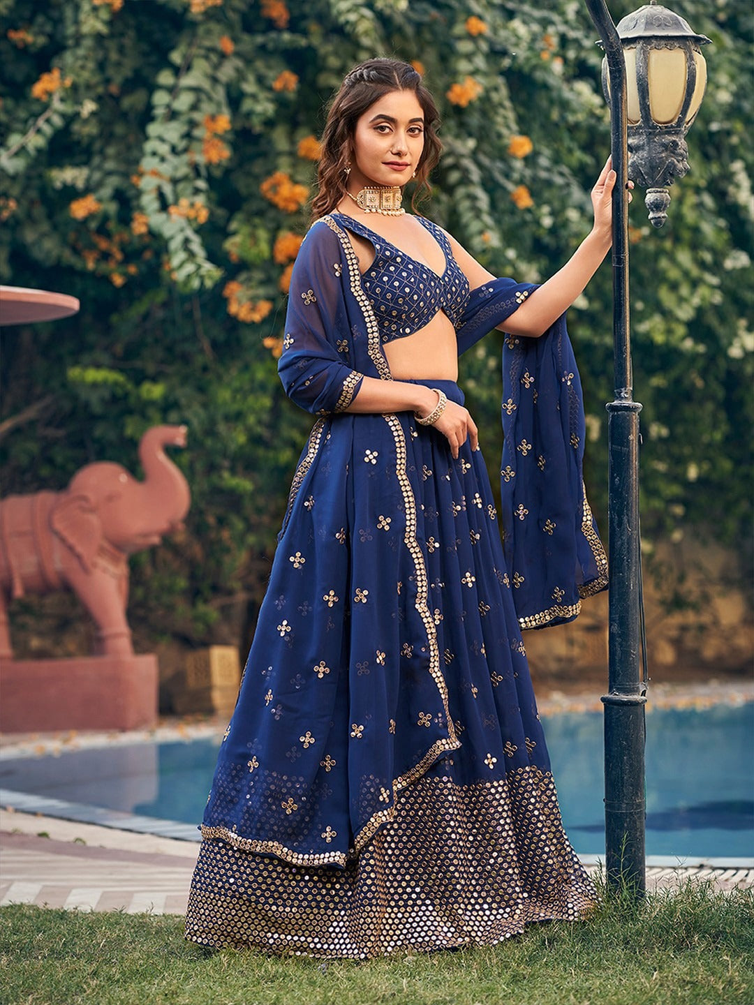 Embroidered Sequinned Semi-Stitched Lehenga Set for Women