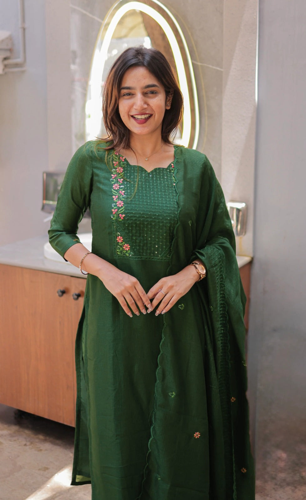 Emerald Green Cotton Kurta Set with Chanderi Dupatta for Women