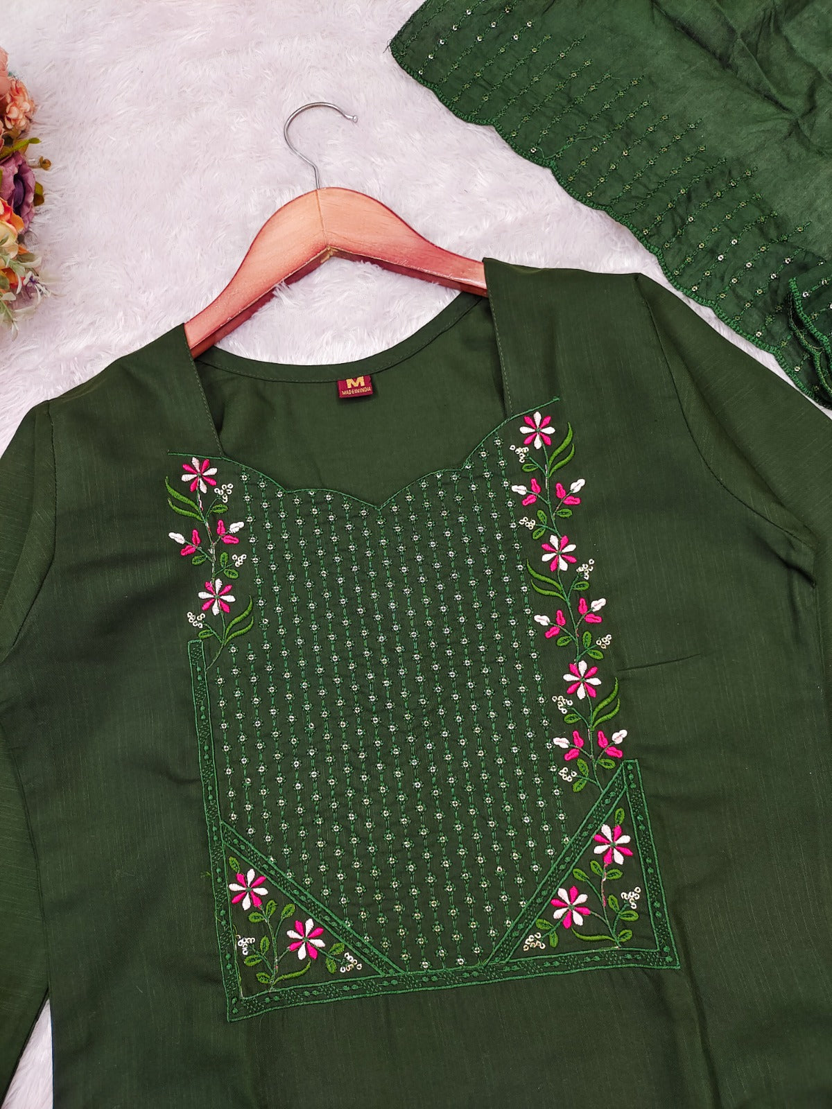 Emerald Green Cotton Kurta Set with Chanderi Dupatta for Women