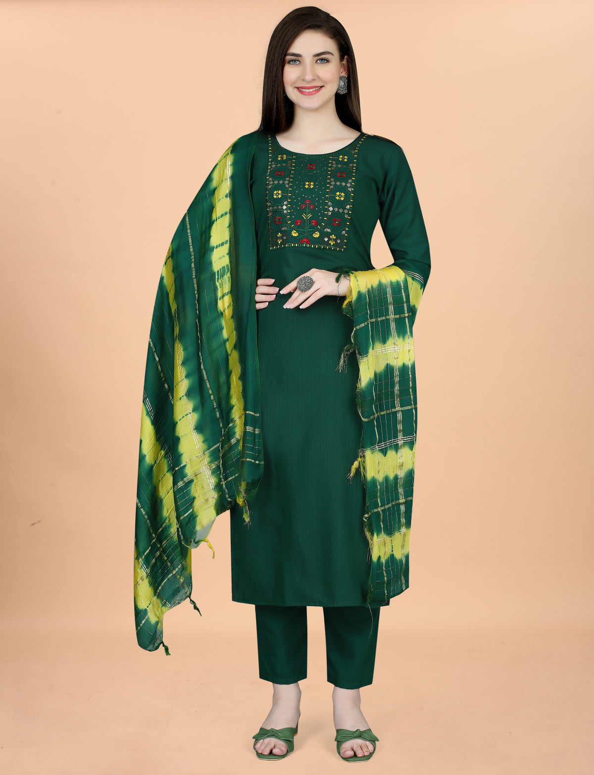 Emerald Green Embroidered Kurta Pant Dupatta Set for Women
