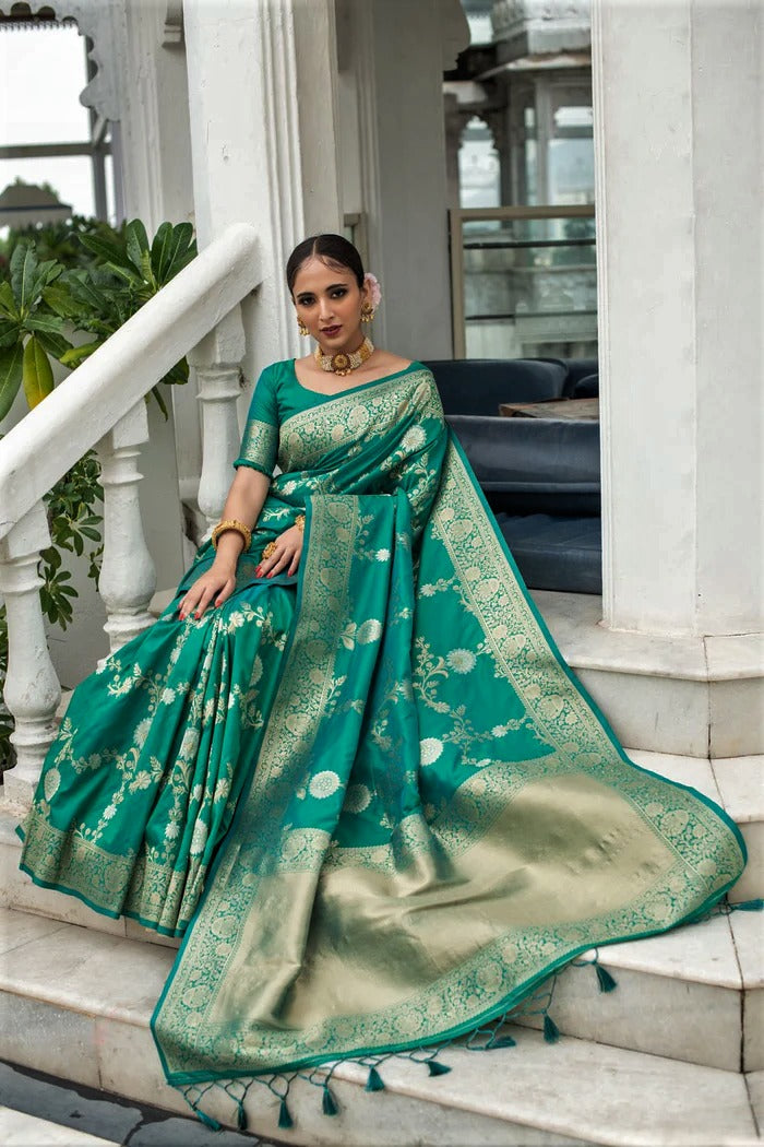 Emerald Green Lichi Silk Saree with Rich Golden Zari for Women