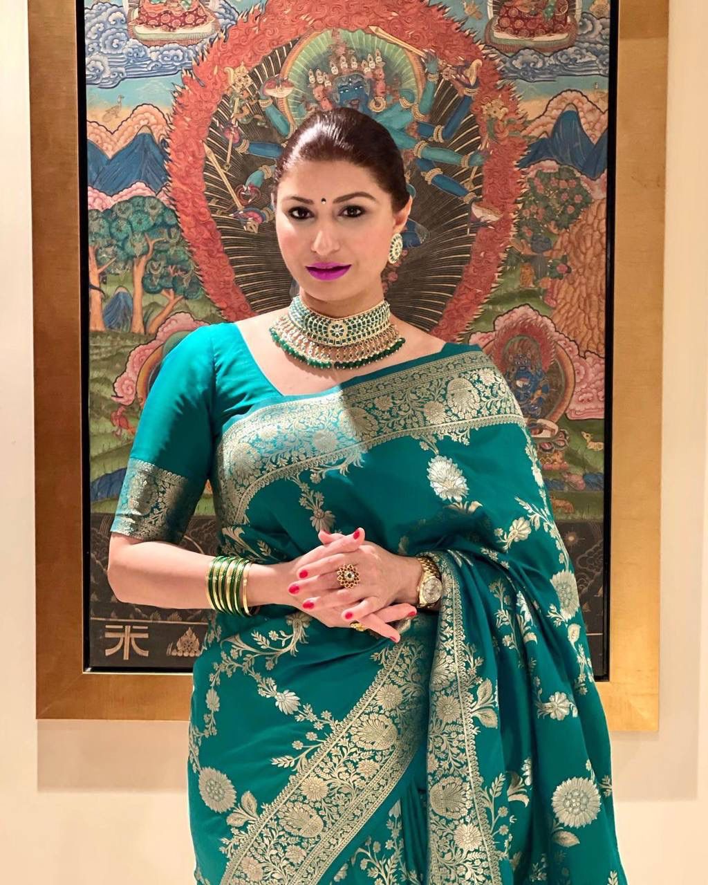 Emerald Green Lichi Silk Saree with Rich Golden Zari for Women