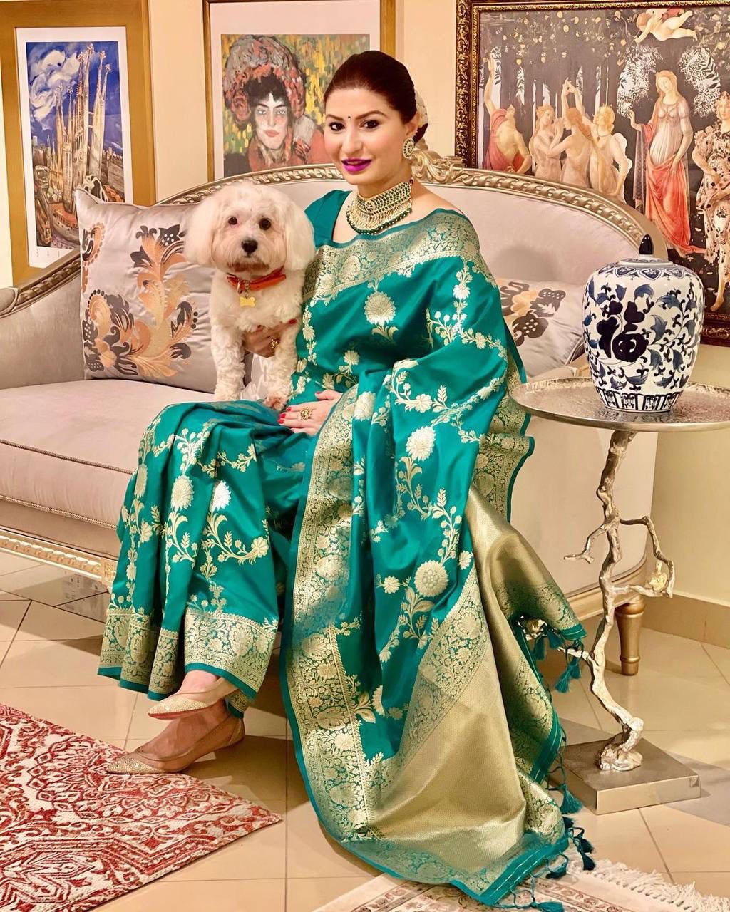 Emerald Green Lichi Silk Saree with Rich Golden Zari for Women