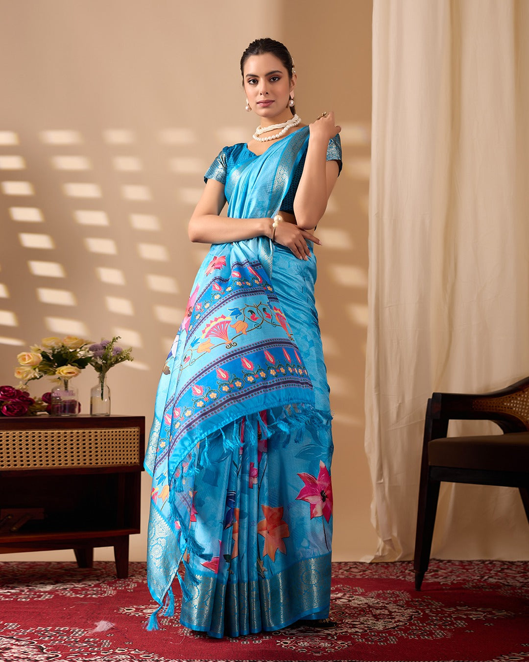 Blue Ethnic Saree with Floral Design and Zari Border for Women