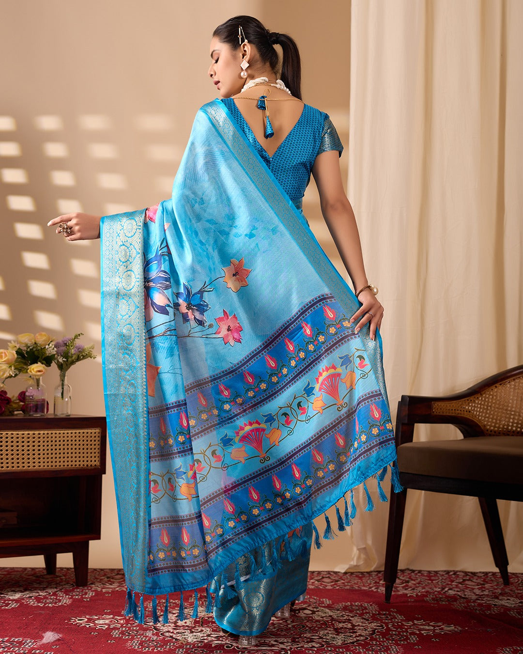 Blue Ethnic Saree with Floral Design and Zari Border for Women