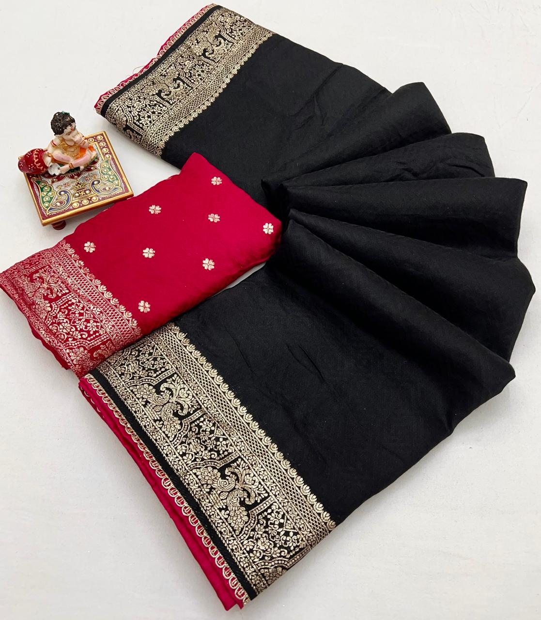 Festive Black Maslin Silk Saree With Woven Blouse for Women