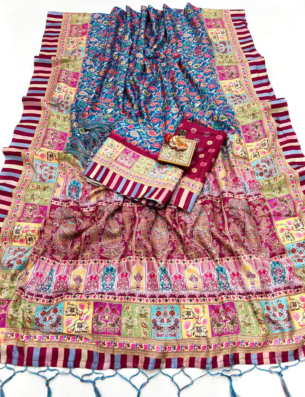 Festive Blue Pashmina Saree With Shawl & Blouse for Women