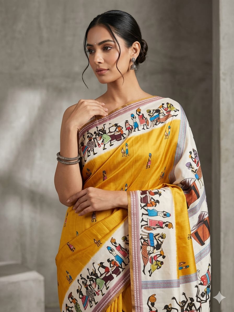 Festive Glow Warli Art Saree in Yellow for Women