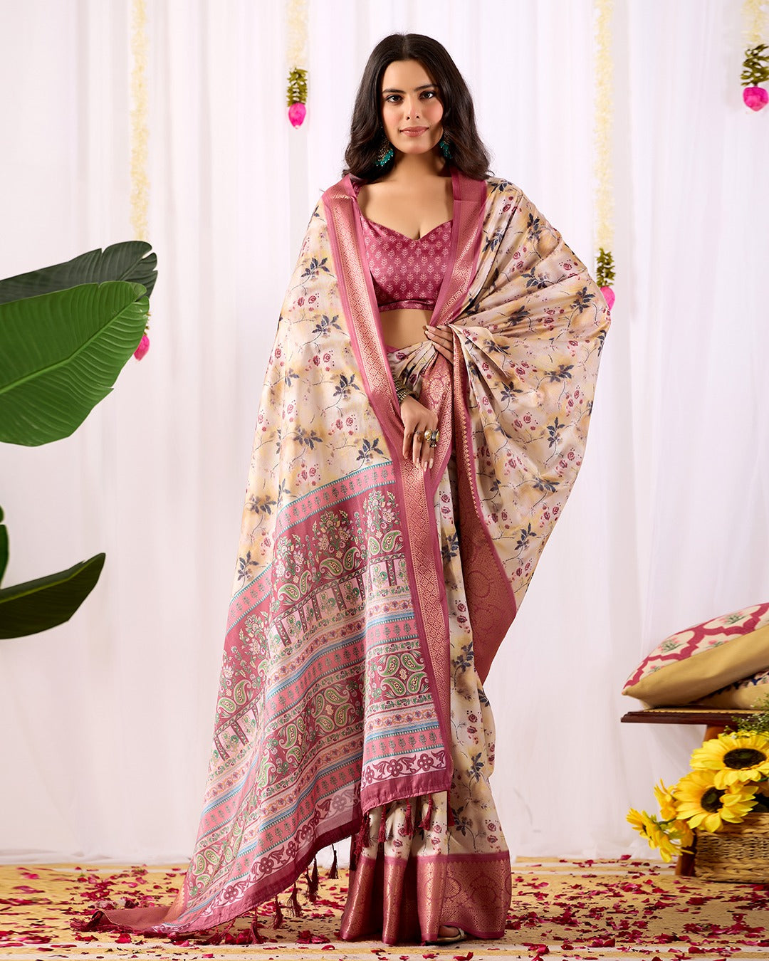 Festive Beige Saree with Floral Print and Rich Zari Work for Women