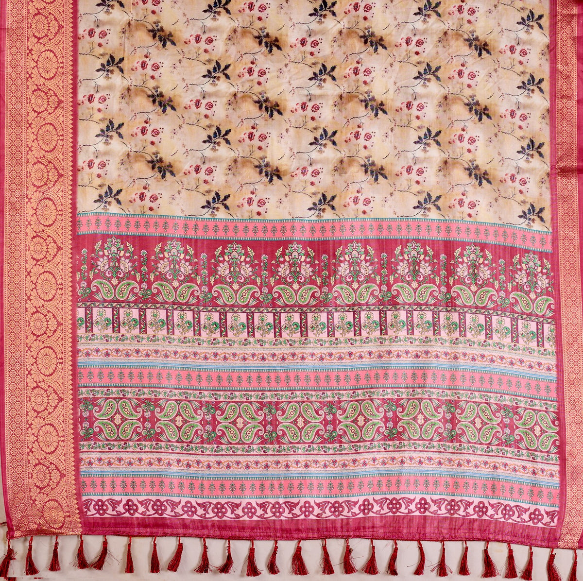Festive Beige Saree with Floral Print and Rich Zari Work for Women