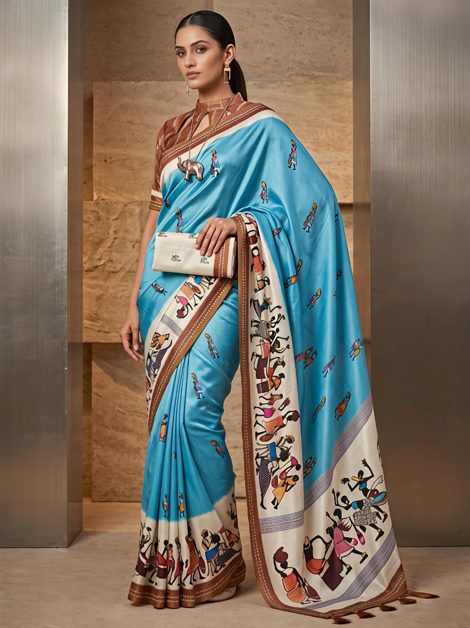 Festive Folk Warli Printed Blue Cotton Saree for Women