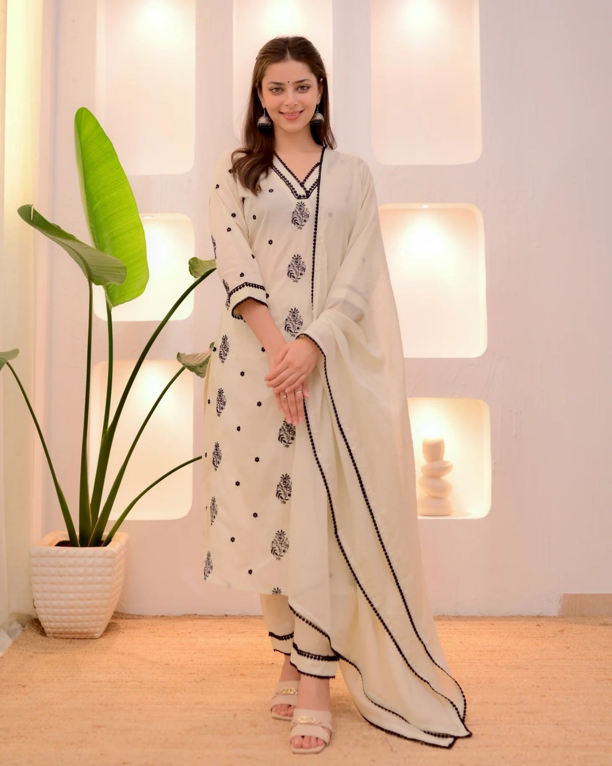 Festive Wear Cream Embroidered Kurta Set for Women