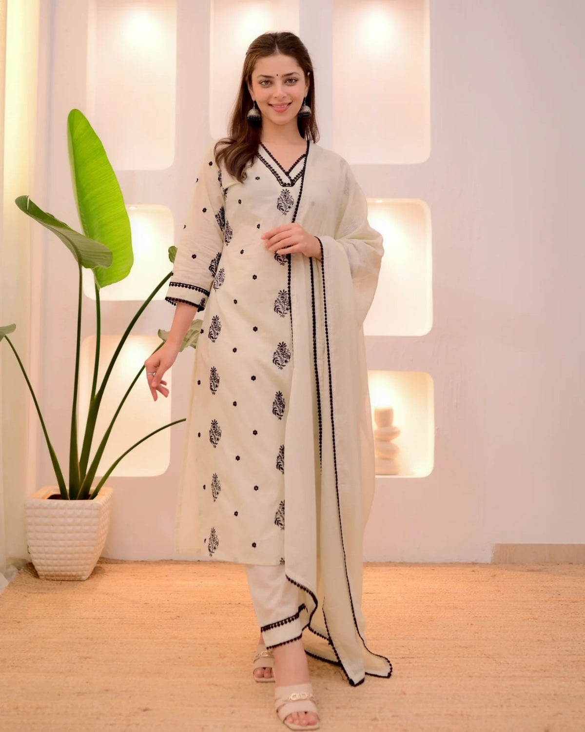 Festive Wear Cream Embroidered Kurta Set for Women