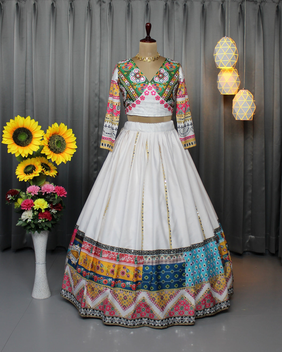 Festive White Lehenga Choli with Mirror Work Design for Women