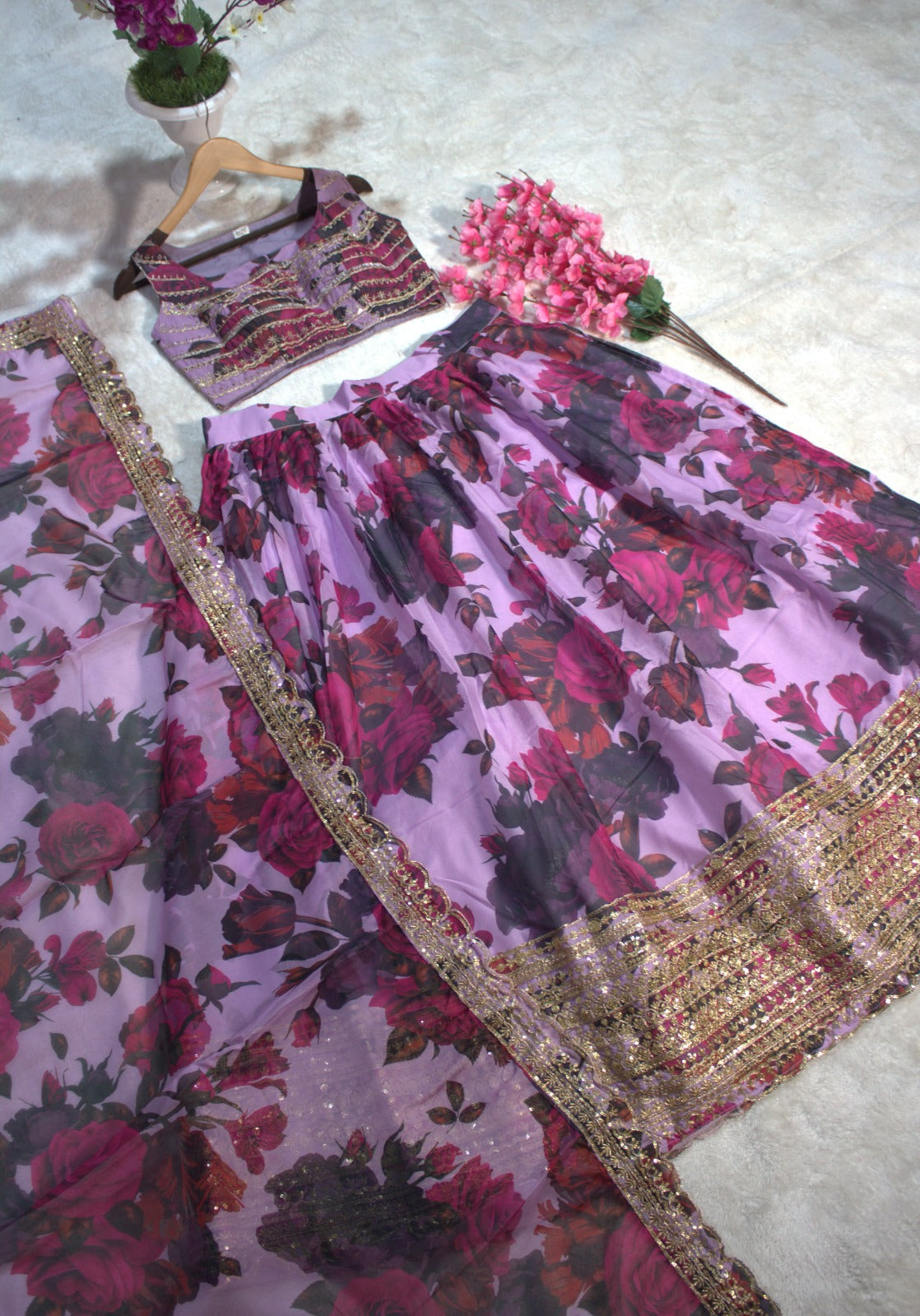Floral Digital Printed Organza Lehenga with Zari, Dori and Sequin