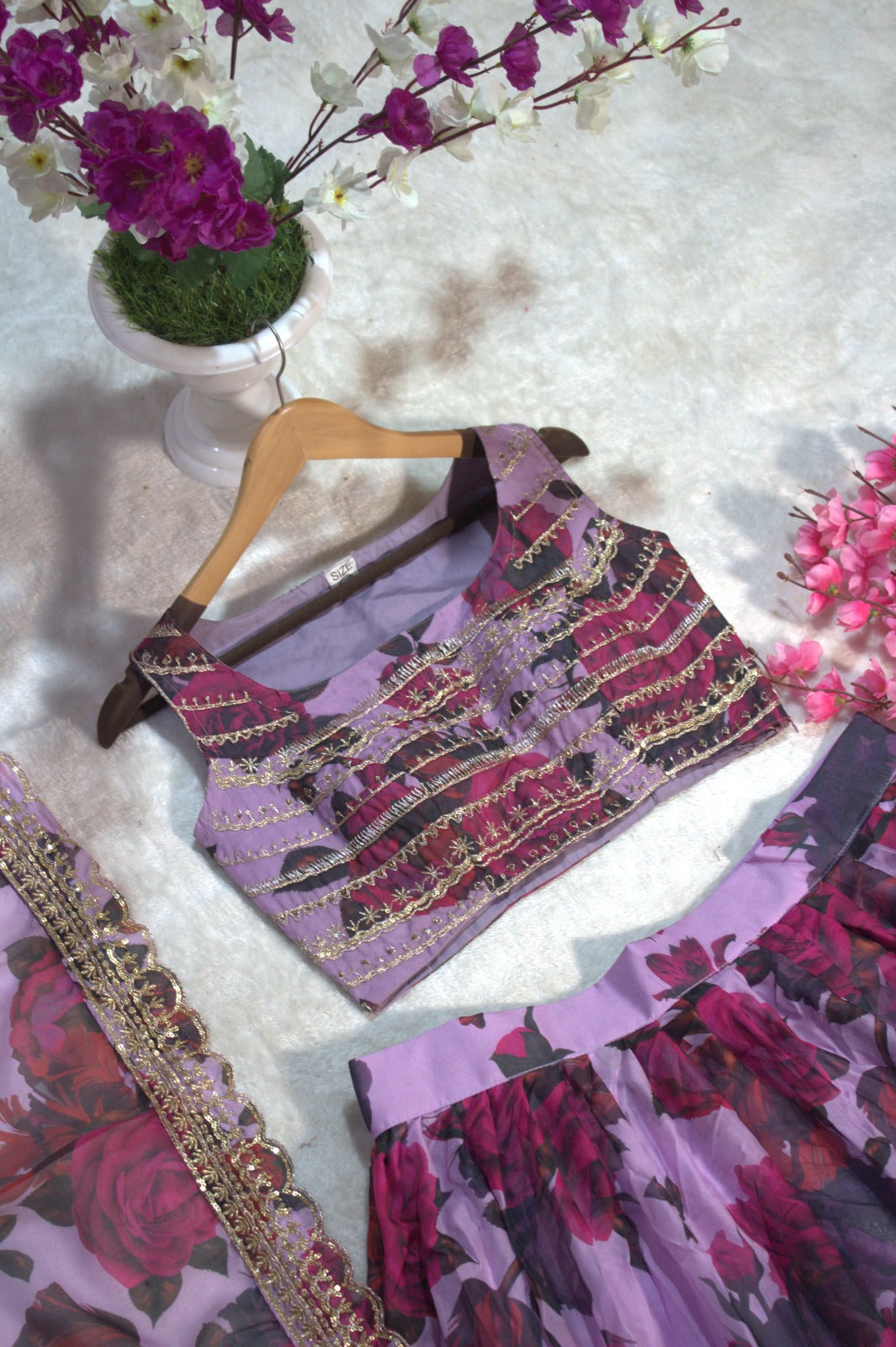 Floral Digital Printed Organza Lehenga with Zari, Dori and Sequin