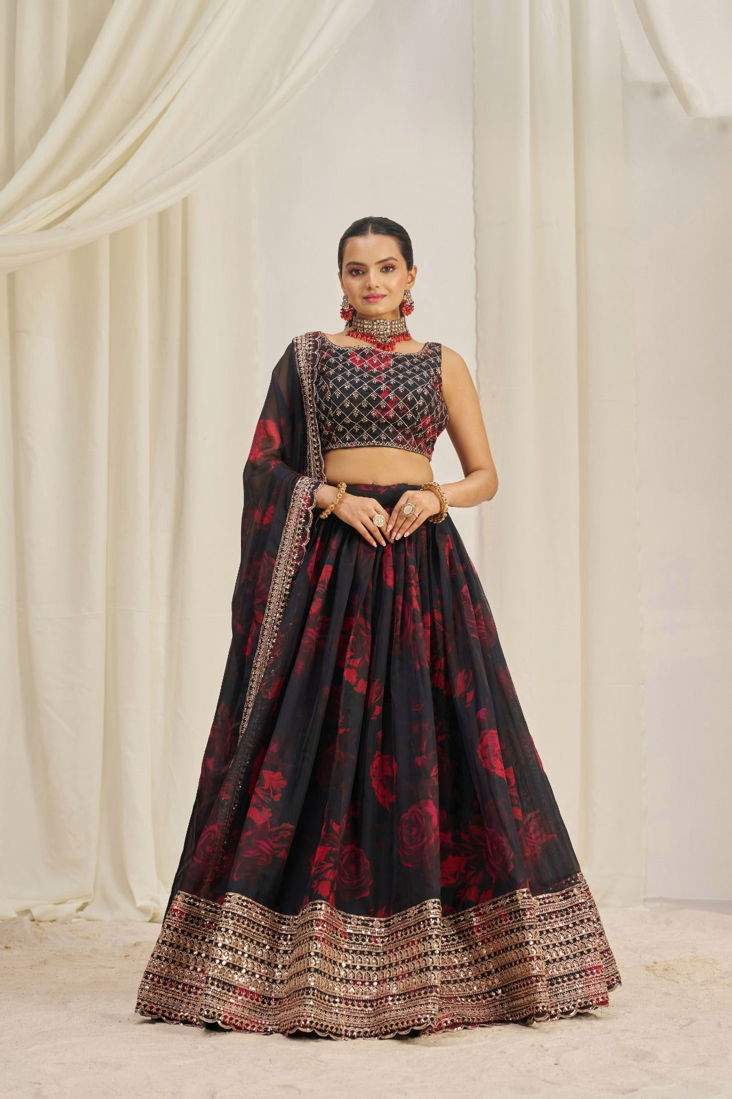 Floral Digital Printed Organza Lehenga with Zari, Dori and Sequin 2