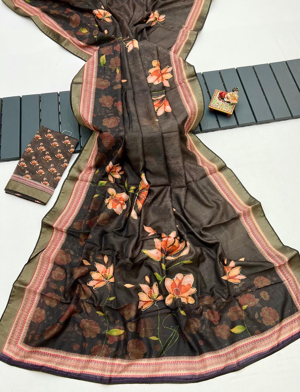 Floral Olive Cotton Saree With Work Blouse for Women