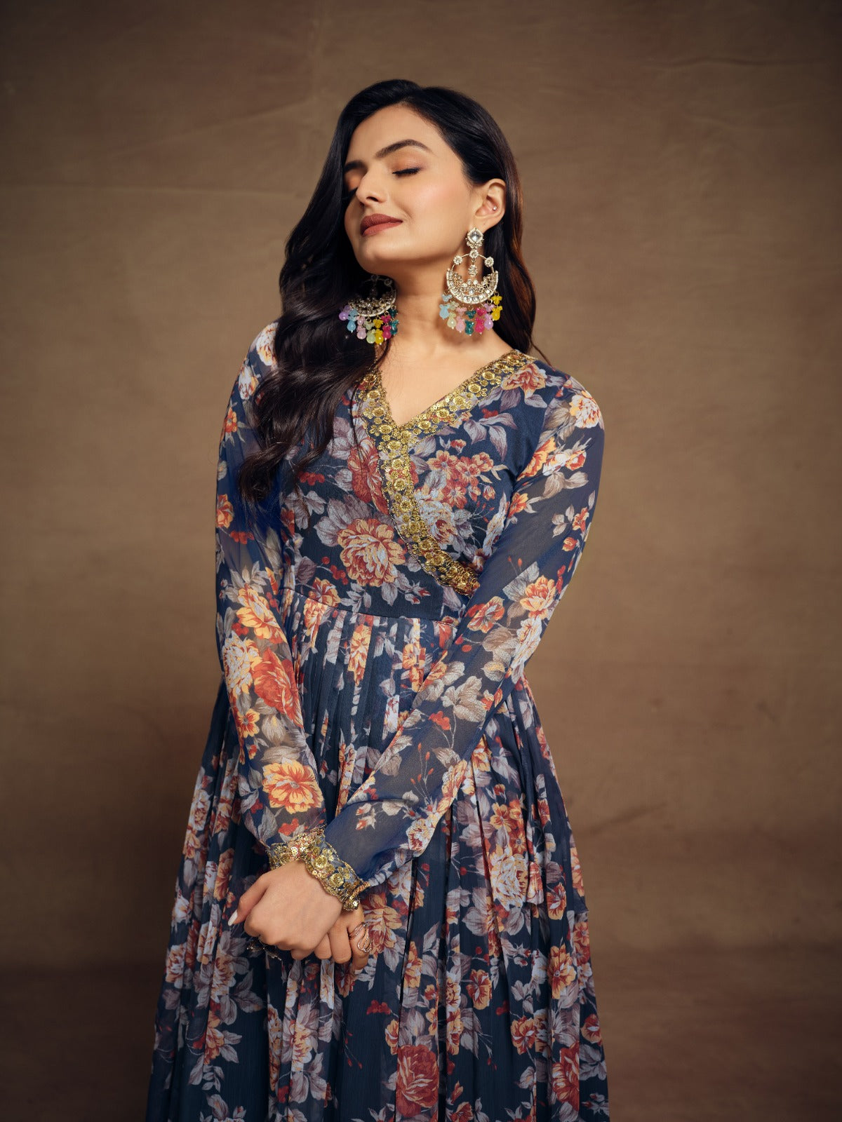 Floral Digital Printed Chiffon Kurti Palazzo Set with Zari Embroider 2
