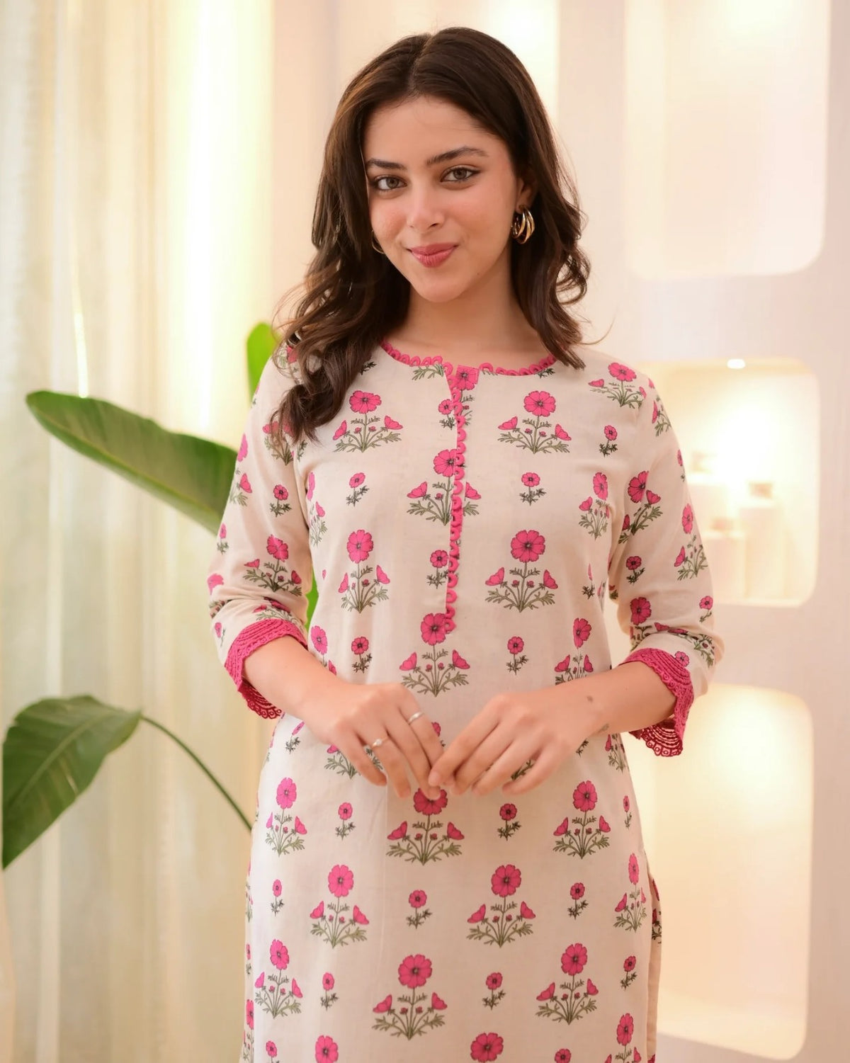 Floral Rayon Kurta Pant Set Cream Orange for Women