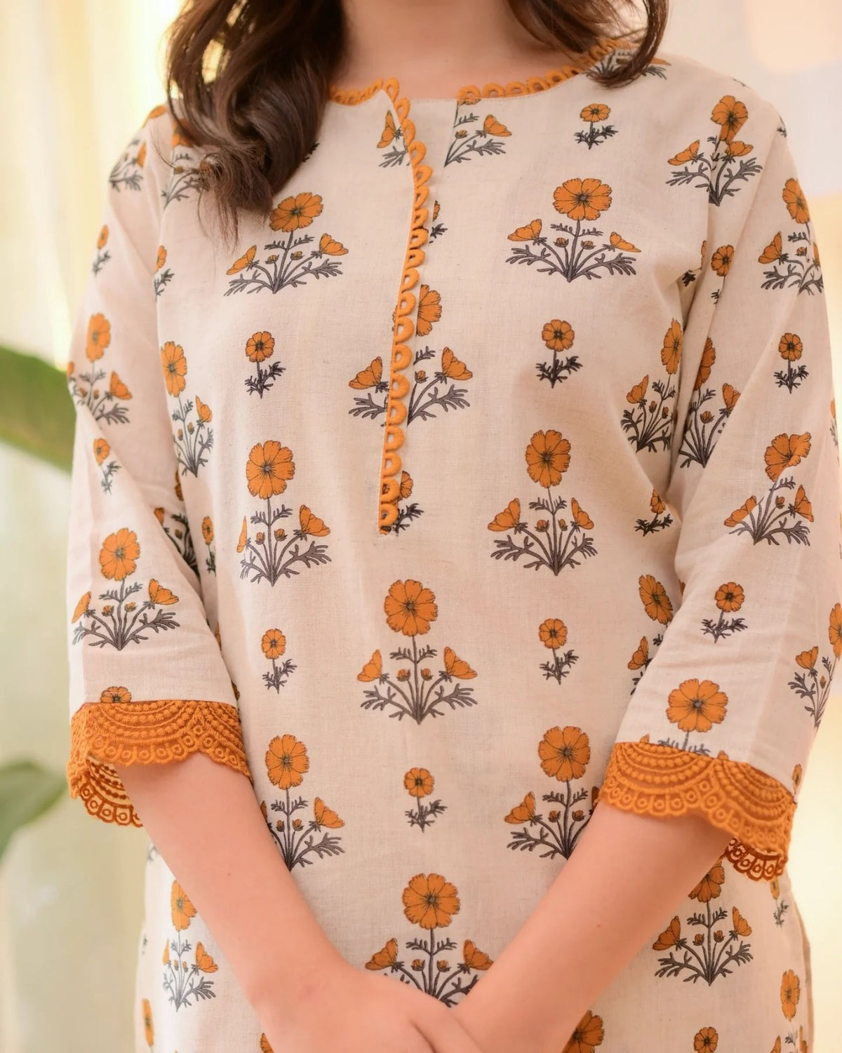 Floral Rayon Kurta Pant Set Cream Orange for Women